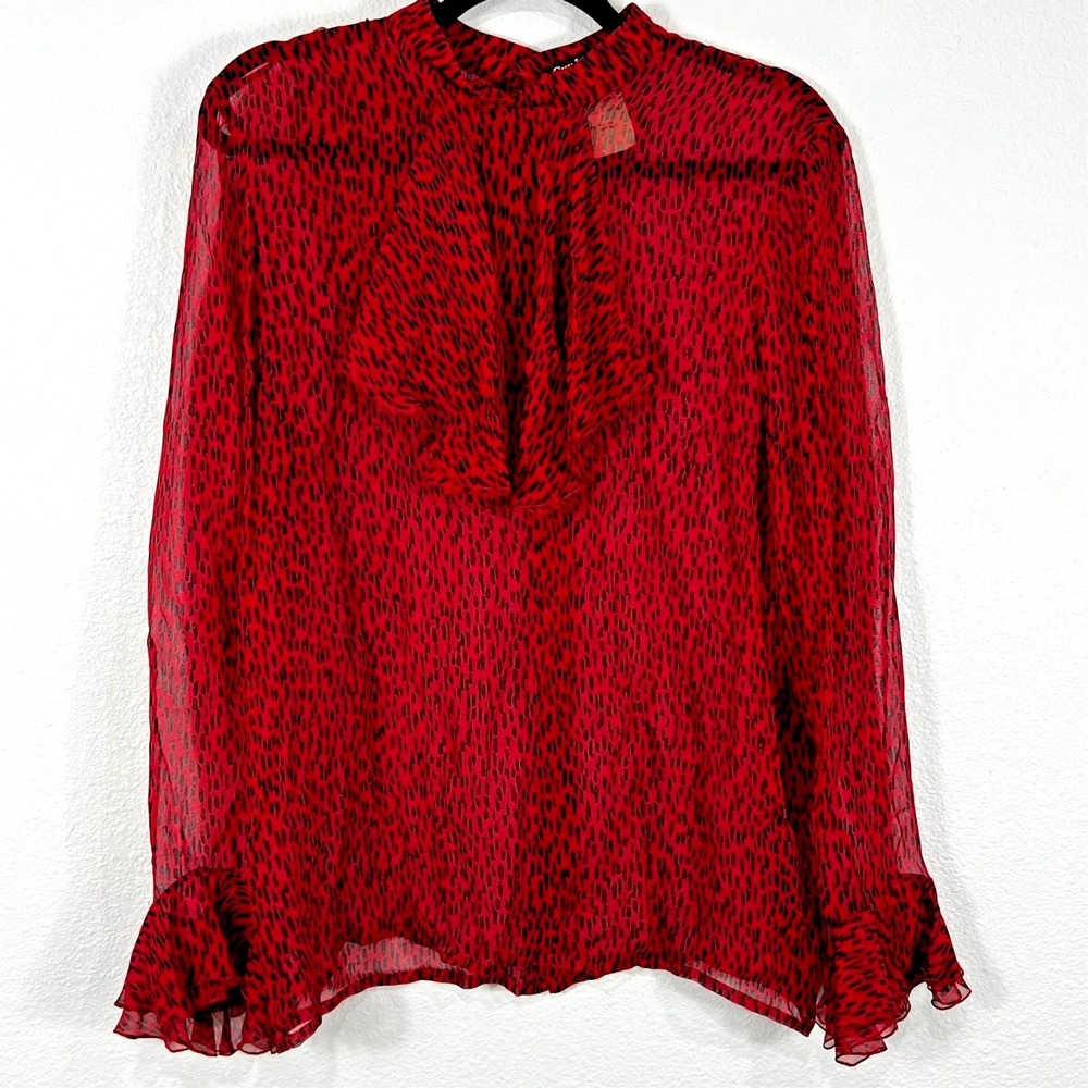 Vintage Guy Laroche Womens 12 Silk Blouse Ruffle Sheer Abstract Y2K Mob Wife